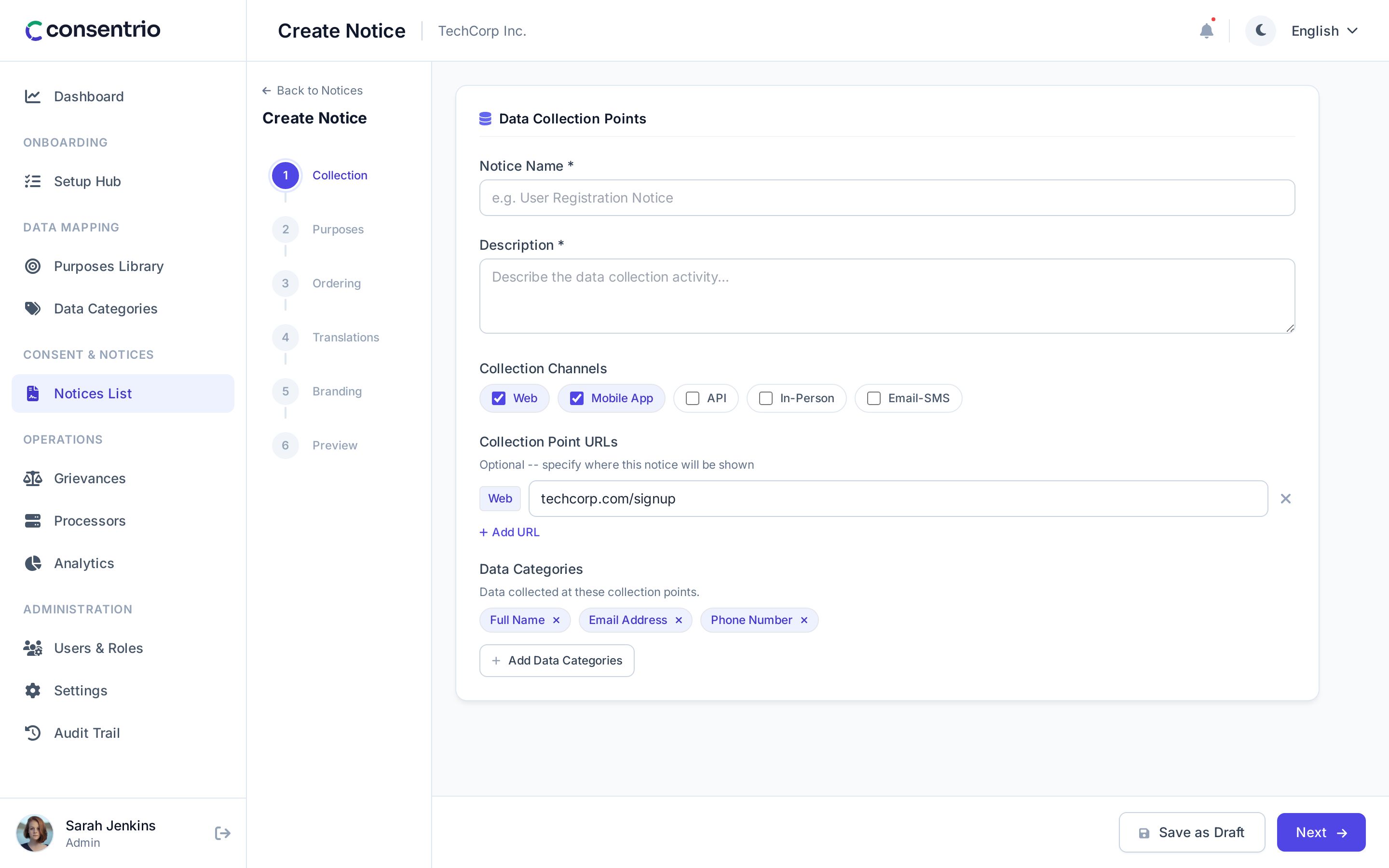 Creating a consent notice in Consentrio from the purpose library